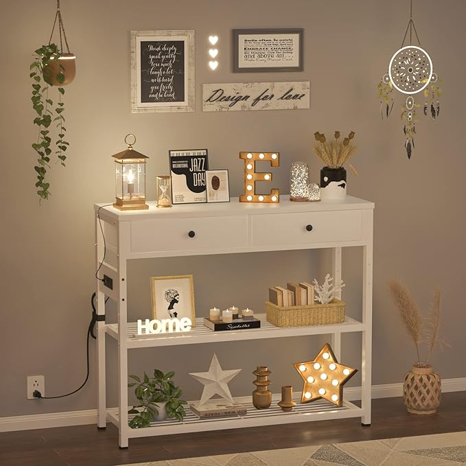 Ecoprsio Entryway Table with Outlets and USB Ports, Console Table with 2 Drawers, Small Sofa Table with Storage Shelves for Living Room, Couch, Hallway, Foyer, Kitchen Counter, 32'', White