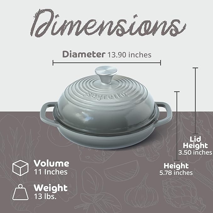 Enameled Cast Iron Bread Pan with Lid, 11” Grigio Scuro (Gray) Bread Oven Cast Iron Sourdough Baking Pan, Dutch Oven for Bread - Segretto Cookware