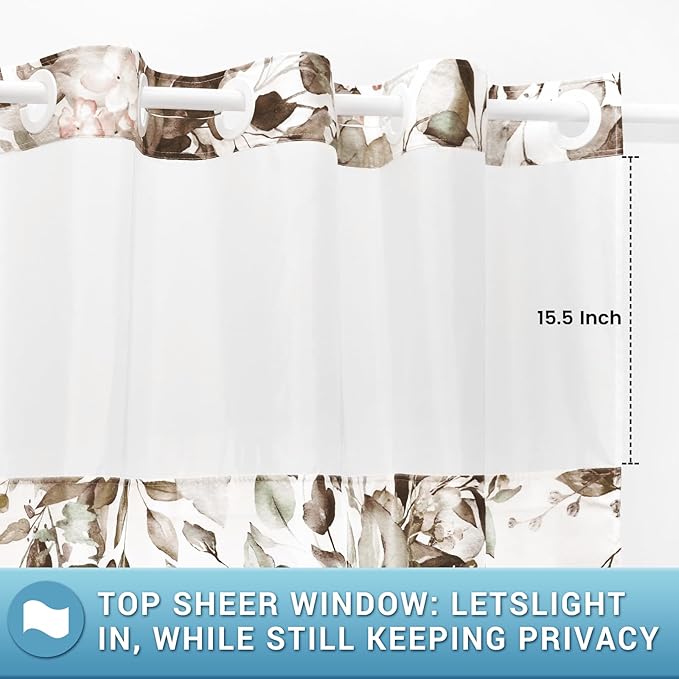 No Hook Shower Curtain with Snap in Liner - Eucalyptus Shower Curtain - Washable Waterproof Inner Liner, Plants Taupe Leaves Modern Shower Curtains - Machine Washable, 71 x 74