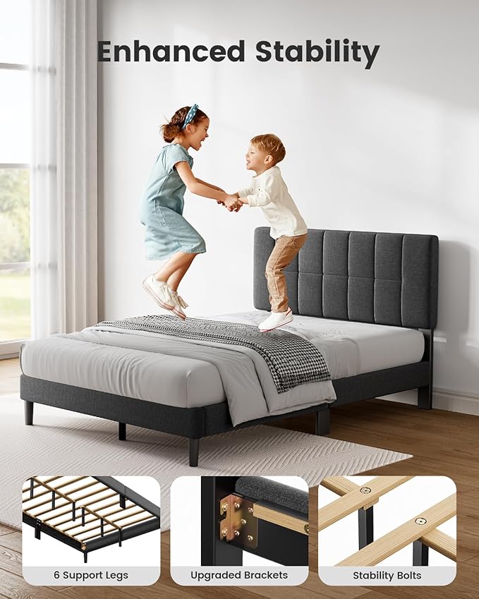 Pipishell Queen Bed Frame Upholstered Platform Queen Bed Frame with Adjustable Headboard, 12 Support Legs/Strong Weight Capacity/Wooden Slats Support/No Box Spring Needed/Easy Assembly, Fabric Grey