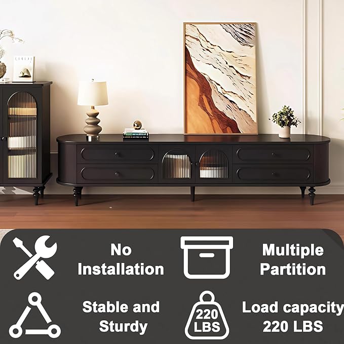 TV Stand for TVs up to 85 Inch, Modern Entertainment Center with Storage Cabinet and 4 Drawers, TV Media Console Table, Black TV Stand for Living Room Bedroom, Easy Assembly (Legs Only)