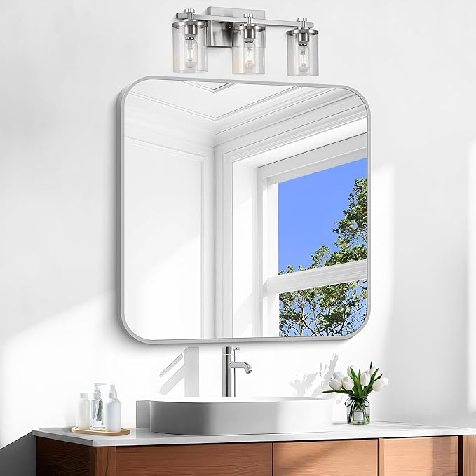 Silver Bathroom Mirror, 30 x 30 Inch Silver Square Mirror, Metal Framed Rectangular Vanity Mirror, Rounded Corner Wall Mounted Mirror for Living Room Bedroom Entryway Hangs Horizontal/Vertical