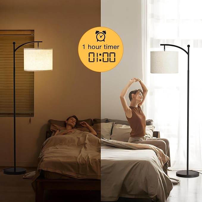 Ambimall 60" Floor Lamp with Remote Control and Stepless Dimmable Bulb, Colors Temperature & Brightness Adjustable, Modern Floor Lamps for Living Room（Beige Shade & Black Pole）