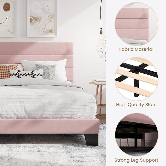 SHA CERLIN Full Platform Bed Frame with Velvet Upholstered Headboard, Mattress Foundation with Strong Wooden Slats Support, No Box Spring Needed, Pink
