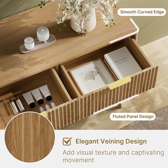 LYNSOM 55" Wide Fluted Dresser for Bedroom with 7 Drawer, Modern Chest of Drawers with Curved Profile Design and Metal Handles, Wood Dresser TV Stand & Storage Organizer for Living Room, Natural Oak