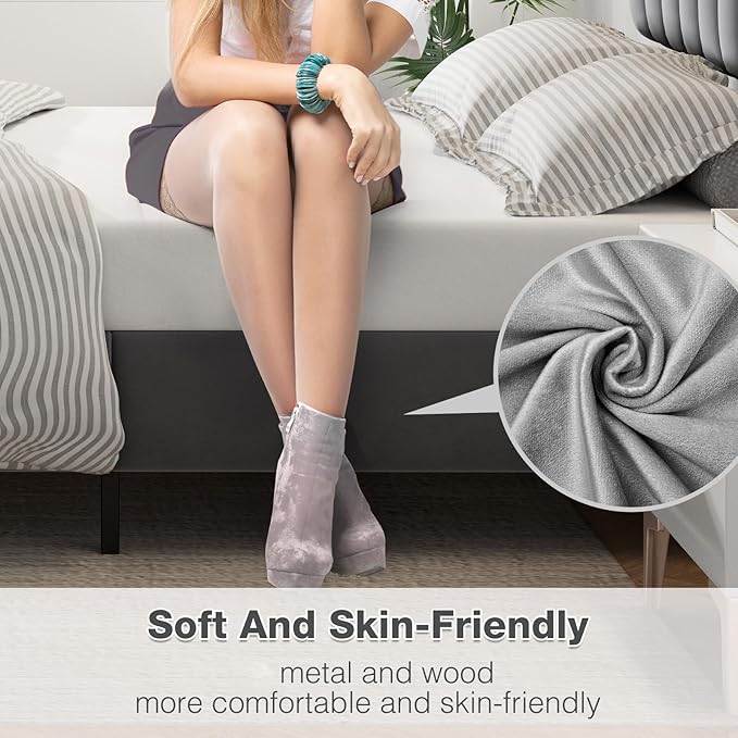 IDEALHOUSE Full Bed Frame with Velvet Headboard Adjustable, Strong Wooden Slat Support, No Box Spring Needed, Noise Free Sleep,Easy Assembly, Dark Grey