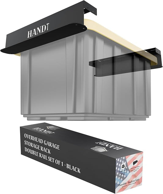 USA Based Overhead Garage Storage Rack, Connectable Heavy Duty Metal Ceiling Rails Garage Storage Organization Shelving System, Hanging Racks Tote Containers, Supports Up To 1 Bin, 1 Set Black
