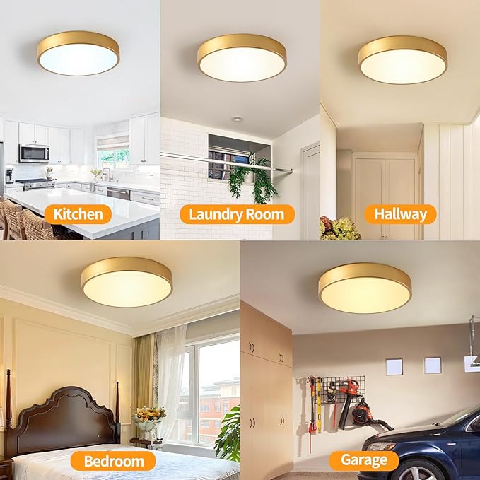 LED 12 in Round Flush Mount Ceiling Light Gold 24W 2700K-5000K,Thyristor Dimmable,Metal Gold Ceiling lamp and is Ideal for hallways,Kitchens,bedrooms, corridors,Children's Rooms 3 Pack