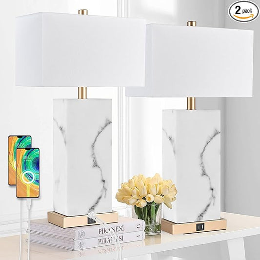 24" White Table Lamp Set of 2 Touch Control, Lamps for Living Room with USB, 3-Way Dimmable Bedside Nightstand Lamps, Gold Lamp Set for Bedroom, Marble Base Side Lamp for End Tables, Bulbs Included
