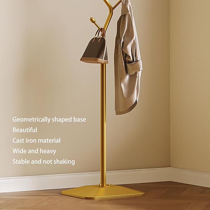 Coat Rack Freestanding gold Coat Tree with 8 Hooks, Creative Design Tree Branch-look, Standing Coat Rack Coat Hanger Stand with Stury cast iron Base for Entryway, Hallway, Bedroom (gold)