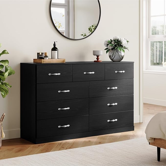 LINSY HOME 9 Drawer Dresser for Bedroom, 54" Wide Chest of Drawers, Modern TV Stand Dressers with Wood Frame and Metal Handles, Large Drawer Organizer for Bedroom, Living Room, Black
