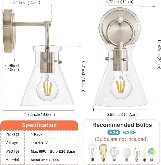 Wall Sconce for Bathroom Modern Vanity Light Fixtures Wall Mount Lighting Lamp Farmhouse Wall Lights with 6 Inch Clear Glass Shade for Bedroom Living Room Mirror Kitchen, Brushed Nickel, 1 Pack