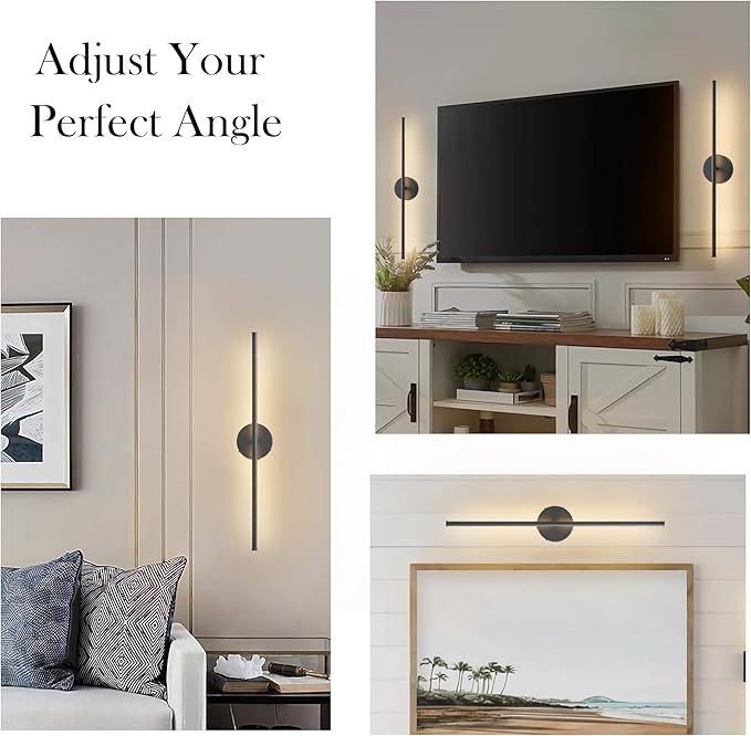 Battery Operated Wall Sconces Set of Two, with Remote Control, Dimmable, Warm White/Natural White/Daylight/RGB, 350°Rotate, LED Black Wireless Wall Light for Living Room, Bedroom, 24.4 Inch