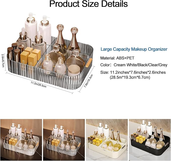 DASITON Large Capacity Makeup Organizer,12 Slots Makeup Brush Holder,Makeup Storage with Handle,Vintage Striped Cosmetic Organizer for Bathroom Countertops,Desk Storage Container(Grey)