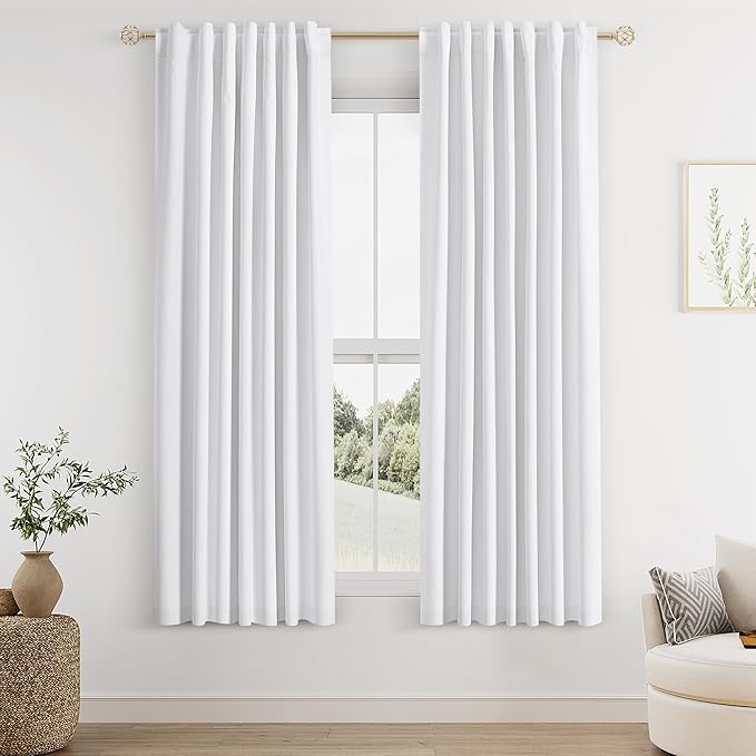 Guken White Linen Blackout Curtains 52 Inch Wide by 66 Inch for Living Room Bedroom Back Tab Thermal Insulated 100% Black Out Linen 2 Drapes Room Darkening Window Curtains White,2 Panels