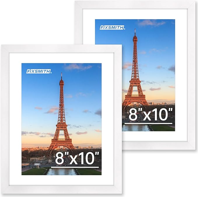 FIXSMITH 8x10 Picture Frame Set of 2, Photo Frame with HD Plexiglass, Display Pictures 5x7 with Mat or 8x10 Without Mat, White Picture Frames Collage for Tabletop or Wall Display