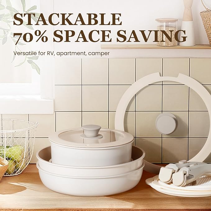 KIKCOIN Ceramic Cookware Set, 20 Pack Nonstick Pots and Pans Set with Detachable Handles, Healthy Frying Pans, Induction Dishwasher Oven Safe Kitchen Set, PFAS PFOA & PTFE Free