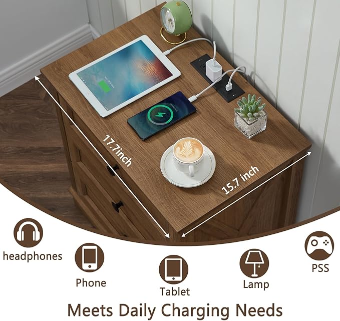 Farmhouse 3 Drawers Dresser for Bedroom, Rustic Small Chest of Drawers with Charging Station, Wood Closet Organizers, Modern Tall Nightstand/End Table for Bedroom, Living Room, Entryway, Natural Oak