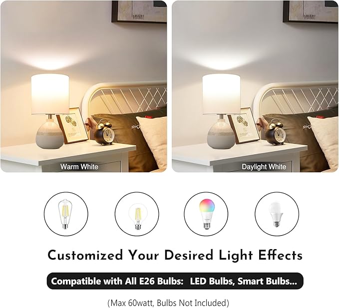 Set of 2 Ceramic Table Lamp for Bedroom, Small Table Lamp White Farmhouse Rustic Lamp Set Bedside Table Lamps for Nightstand Side Table Lamps for Living Room, 13.7IN