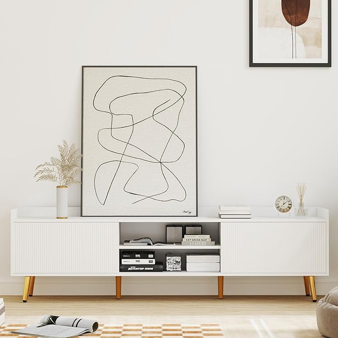 Bonzy Home 70'' Fluted TV Stand Modern Entertainment Center with Sliding Doors & Storage for up to 75'' TV, Media TV Console for Living Room & Bedroom, White