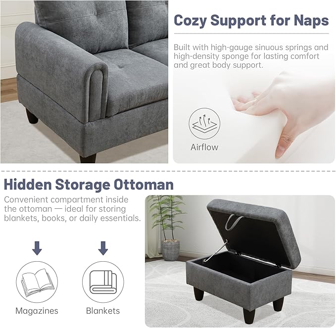 L-Shape 3-Piece Cloud Sofa, Couch for Living Room, Dark Grey Fluffy Fabric L-Shape with Reversible Chaise & Storage Ottoman, Ergonomic 110–115° Recline, Solid-Wood Frame