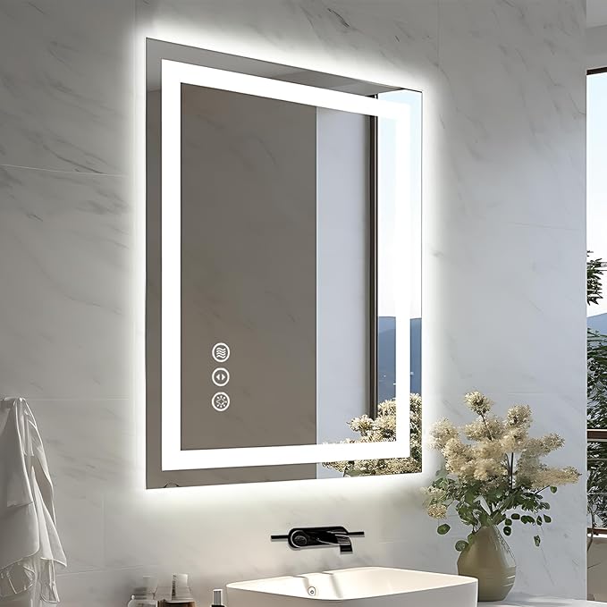 24"x32" LED Bathroom Mirrors for Wall, Front and Backlit Mirror, Anti-Fog Vanity Mirror with Lights, Stepless Dimmable Lighted Mirror, 3 Colors Smart Mirror (Horizontal/Vertical)