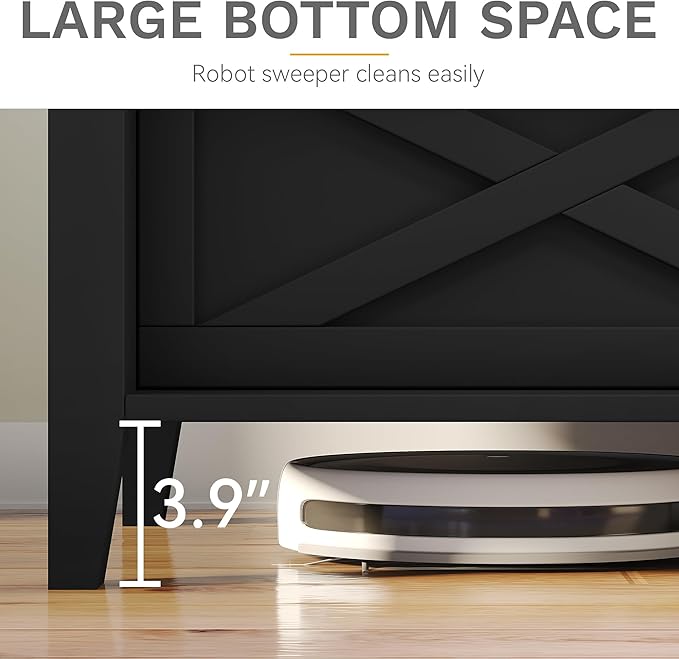 DWVO 70 Inch Farmhouse TV Stand with LED Lighting, Fits TVs up to 80 Inches, Media Console with Storage and Customizable Divider, Entertainment Center for Living Room (Black)