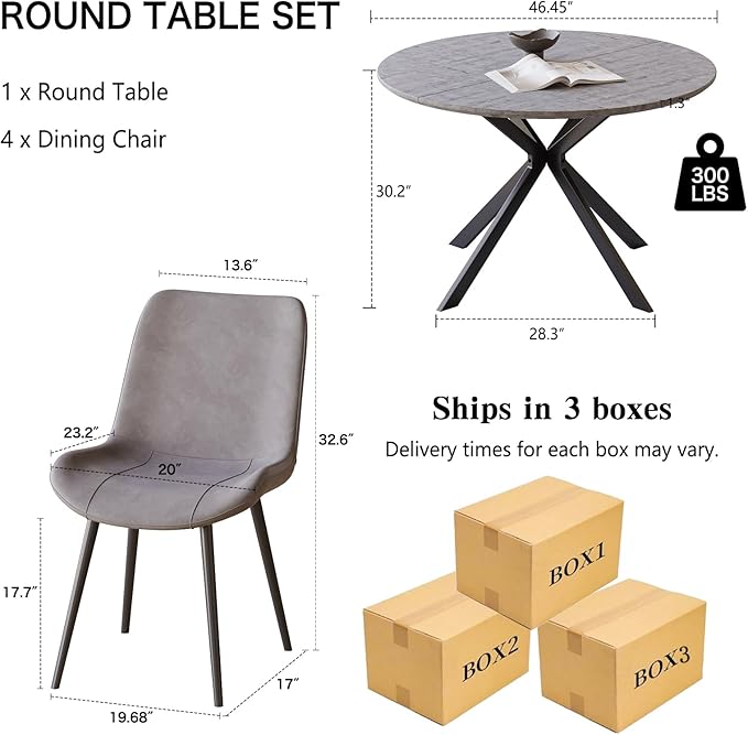 46.4" Round Dining Table Set with 4 Chairs, Modern Dining Set with Comfortable PU Leather Chairs, Sturdy MDF Table with X-Shaped Base, Easy Assembly, Ideal for Dining Room or Kitchen