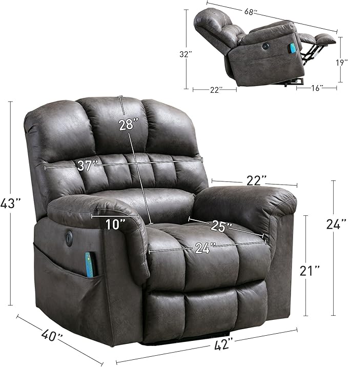 Bonzy Home Power Lift Chairs Recliner for Elderly, Electric Recliner Chair with Heat and Massage, 24" Wide Seat for Big People, Comfortable Backrest, Faux Leather, USB Charging Ports, Grey