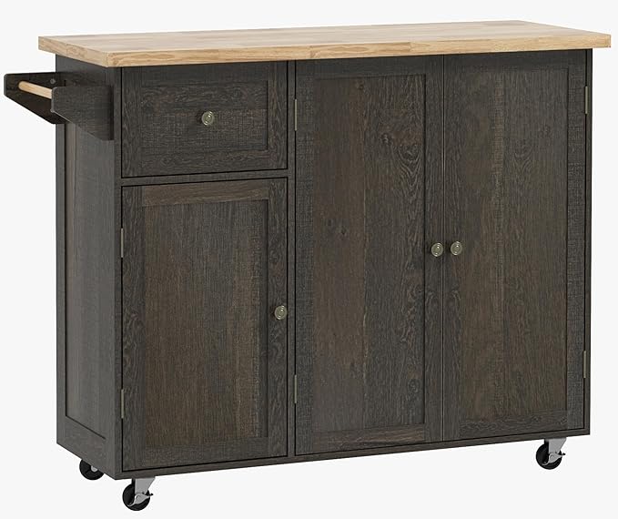 HOMCOM Triple-Cabinet Rolling Kitchen Island on Wheels, Kitchen Cart with Storage Shelf Adjustment, Rolling Utility Cart with Wood Top, Towel Rack, Big Drawer, Distressed Brown