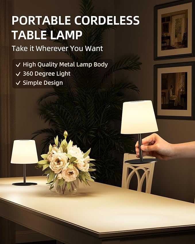 EZVALO Outdoor Cordless Table Lamp, IP65 Waterproof 4500mAh Rechargeble Shower Lamp, Dimmable Touch Lamp, LED Night Light Lamp for Bathroom Patio Camping Restaurant Home 2 Pack(Black)