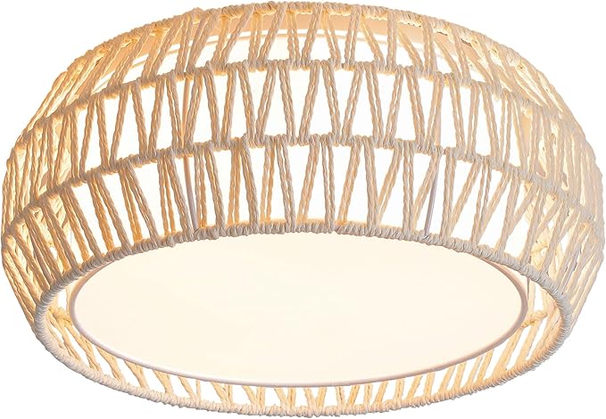 WINGBO 15.7" Modern 3-Light Flush Mount Ceiling Light Fixture with Fabric & Acrylic Double Drum Shade for Bedroom Living Room Dining Room Hallway Entryway, White