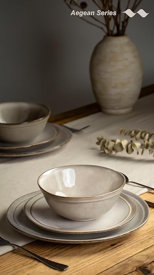 Famiware Aegean Dinnerware Set for 4, Plates and Bowls Sets, 12-Piece Stoneware Scratch Resistant Dinner Set, Handmade Irregular Round Dishes, Microwave and Dishwasher Safe, Sand Beige