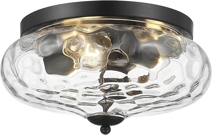 Darkaway Large Ceiling Light Fixtures, 3-Light Flush Mount Indoor Outdoor Ceiling Light with Water Ripple Glass Shade for Hallway Kitchen Bedroom Porch Living Room Black Finish