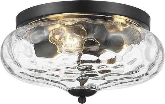 Darkaway Large Ceiling Light Fixtures, 3-Light Flush Mount Indoor Outdoor Ceiling Light with Water Ripple Glass Shade for Hallway Kitchen Bedroom Porch Living Room Black Finish