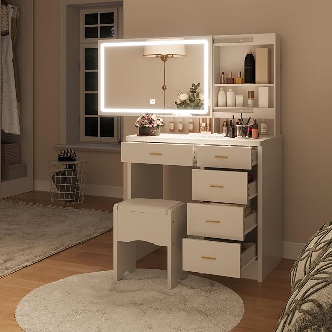 Vanity Desk with Mirror and Lights, 31.5" Makeup Vanity with Sliding Mirror and 3 Light Modes, Modern Vanity Table with 5 Drawers, Hidden and Open Storage Shelves, Makeup Desk for Bedroom, White