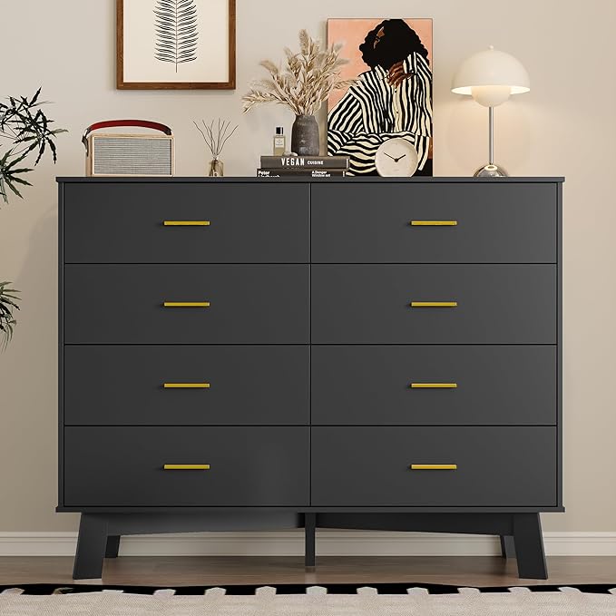 Dresser for Bedroom with 8-Drawer, 37" Tall Modern Chest of Drawers with Metal Handles, X-Shape Base & Adjustable Center Leg, Anti-Tip Closet Organizers and Storage