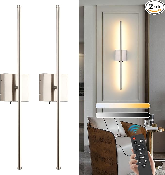 Set of 2 Battery Operated Wall Sconces, 11000mAh Wireless Rechargeable Brushed Nickel Wall Lights with Remote Control, 350°Rotate Dimmable Wall Lamp, 3 Color Temperatures, for Bedroom, Living Room