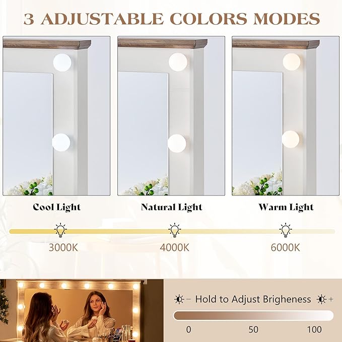 55'' Farmhouse Vanity Desk with Mirror and Lights, Large Makeup Table with Charging Station, Glass Tabletop & 5 Drawers, Rustic Dressing Table for Bedroom, Antique White