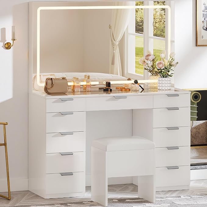 YITAHOME LED Makeup Vanity Table, Glass Top Vanity Desk with Hidden Storage Stool, Vanity with Built-in Power Outlets and USB Ports
