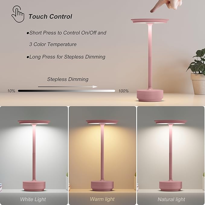 Cordless Table Lamps Rechargeable, Portable 5000mAh Outdoor Table Light, 3 Color Stepless Dimming LED Table Lamp with Memory Function, for Home/Dinner/Patio/Restaurant.(Pink)
