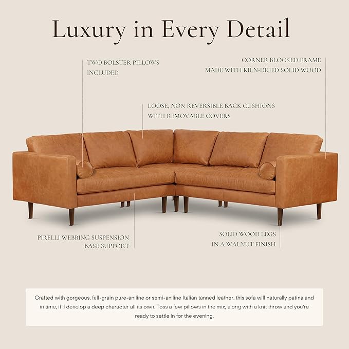 POLY & BARK Napa Leather Corner Sectional Sofa in Full-Grain Pure-Aniline Italian Tanned Leather in Cognac Tan