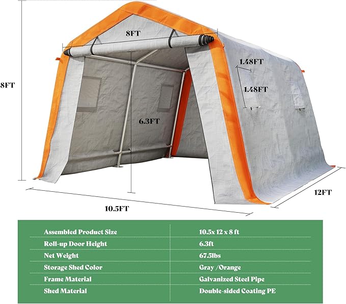 AMERLIFE 10.5x12x8 FT Heavy Duty Portable Shed Storage Shelter, Outdoor Storage Shed with 4 Waterproof Windows & Roll-up Zipper Door, Carport for Motorcycle, Bike, Gray