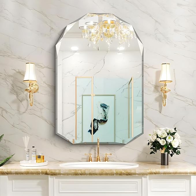 KOCUUY 26"x38" Frameless Mirror, Arched Shape with Diamond-Shaped Beveled Edge,Unframed Decorative with Upgraded Shatterproof Glass,Unique Frameless Mirror for Bathroom,Living Room,Bedroom