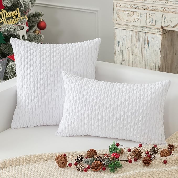 Kevin Textile Pack of 2 Velvet Pillow Covers Striped Throw Cushion Case Set Accent Corduroy Lumbar Pillowcases with Hidden Zipper for Home Decor Indoor Outdoor (12x20 Inch Pure White)