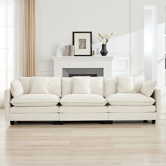 111'' Sectional Cloud Deep Seat Couch, Modern Comfy Chenille Modular Sectional Sofa for Living Room Set, Upholstered Modular 3-Seats Sofa Couch, Beige