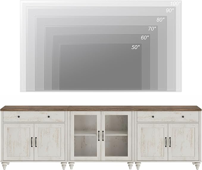 WAMPAT Farmhouse TV Stand for 100 Inch TV, 3-in-1 TV Console Table for 75/80/85/90 Inch TV, Entertainment Center with Glass & Wood Door, Kitchen Sideboard Buffet Cabinet for Living Room, Rustic White