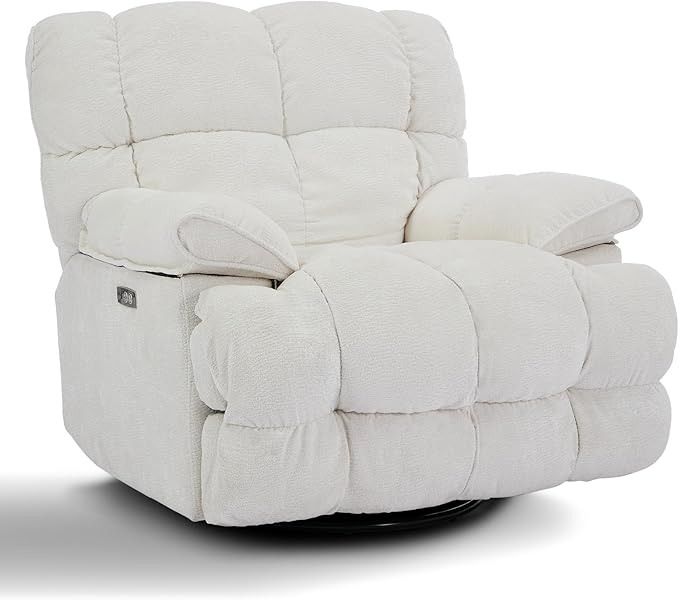 GINGO Power Oversized Recliner Chair, Extra Wide Swivel Rocking Recliner Chair, Breathable Soft Fabric Modern Single Sofa for Living Room, 90°-140° Electric Adjustable Angle, USB & Type-C Port, White