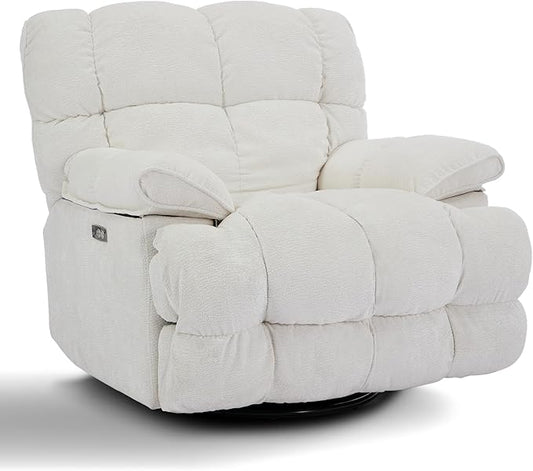 GINGO Power Oversized Recliner Chair, Extra Wide Swivel Rocking Recliner Chair, Breathable Soft Fabric Modern Single Sofa for Living Room, 90°-140° Electric Adjustable Angle, USB & Type-C Port, White