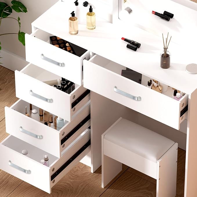 Vanity Desk with Mirror and Lights, White Makeup Vanity with Power Outlet and 3 Lighting Modes, Vanity Table with 6 Drawers, Storage Shelves and Vanity Stool, Dressing Table for Girls, White